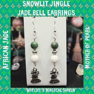 African Jade, Mother of Pearl Beaded Bell Charm Festive Earrings
